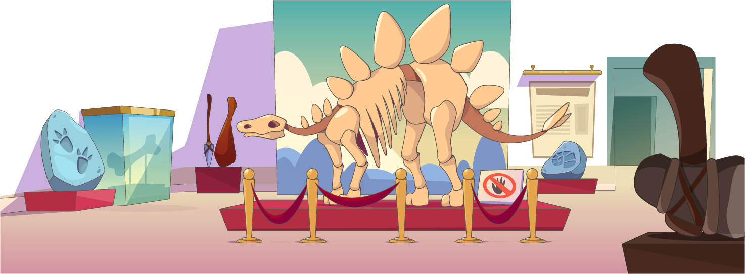 dinosaur standing on a podium inside a museum room