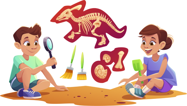 2 kids playing in sand with dinosaur bones