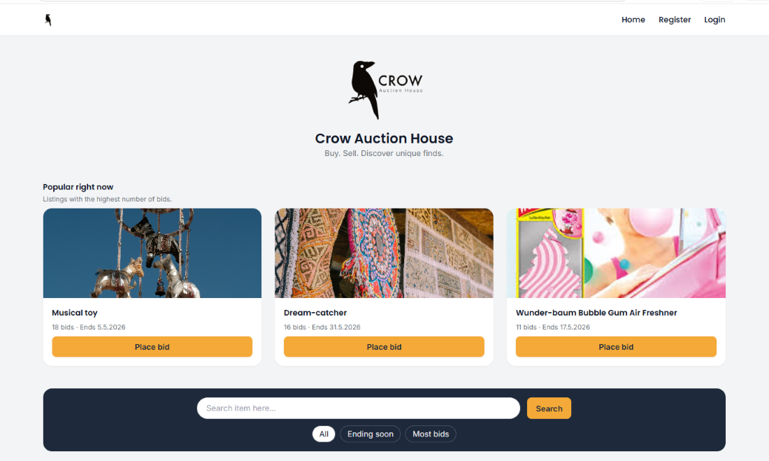 Crow Auction House homepage screenshot